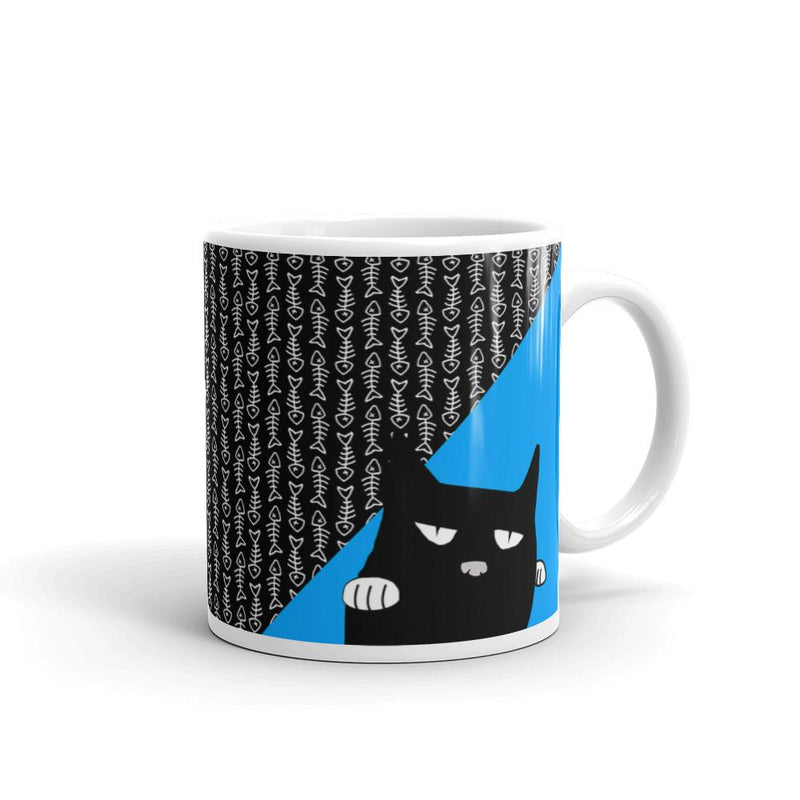 Evil Cat Fishbone Blue Mug in Right Side View 11oz