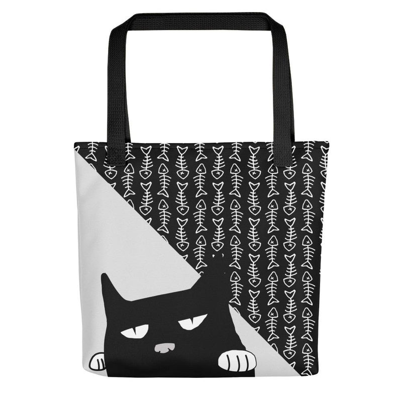Evil Cat Fishbone Gray Tote bag in front view black handle