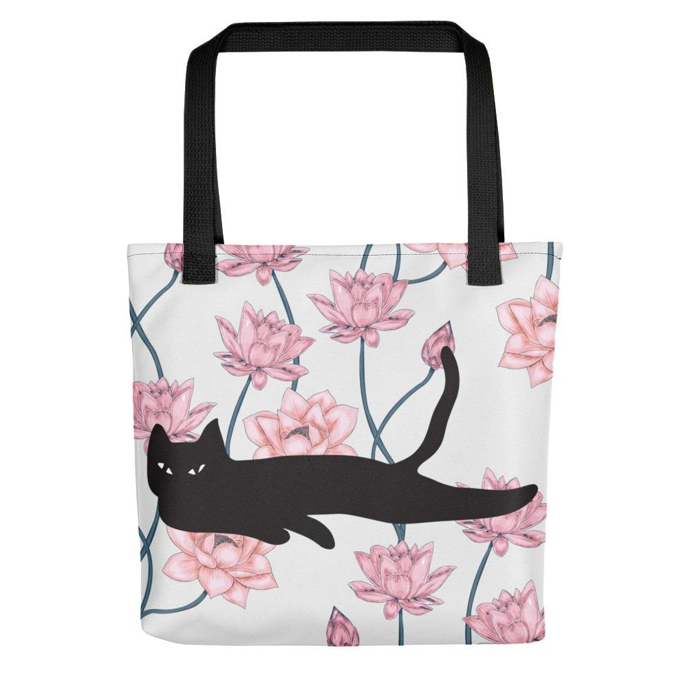 Cat Noir Pink Flower Tote bag Black Cat in Black Handle