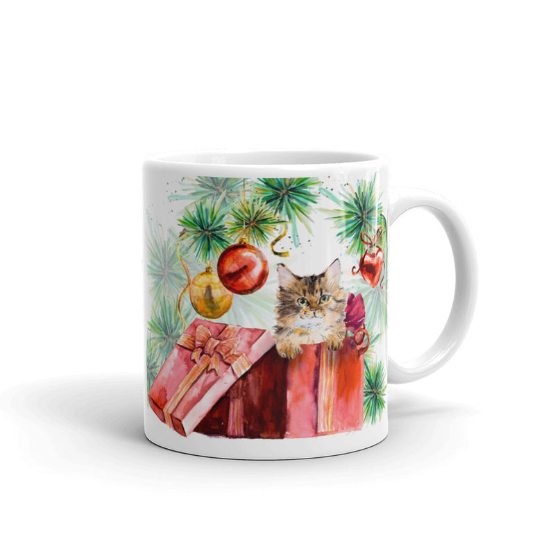 Festive Cat Christmas Tabby Kitten Mug in Left View