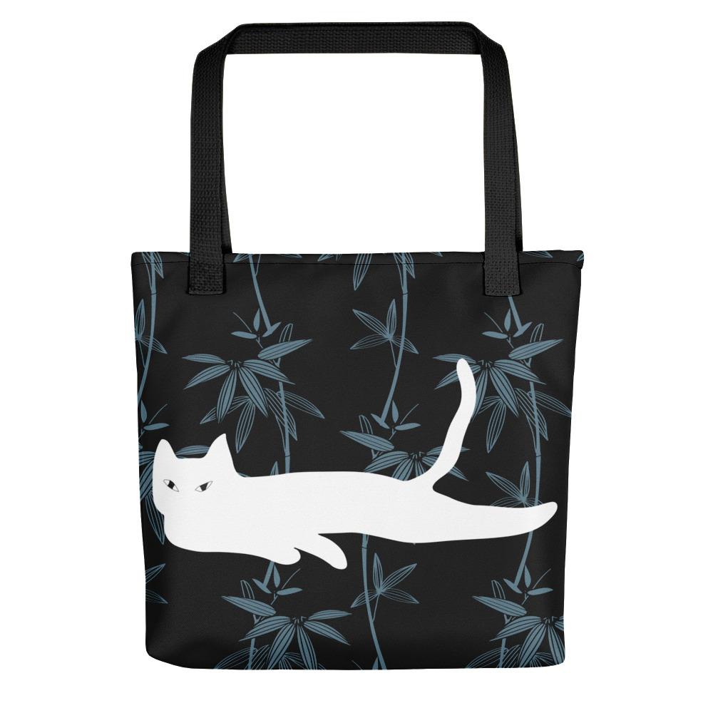 Cat Noir Black Flower Tote bag Black Cat in Black Handle