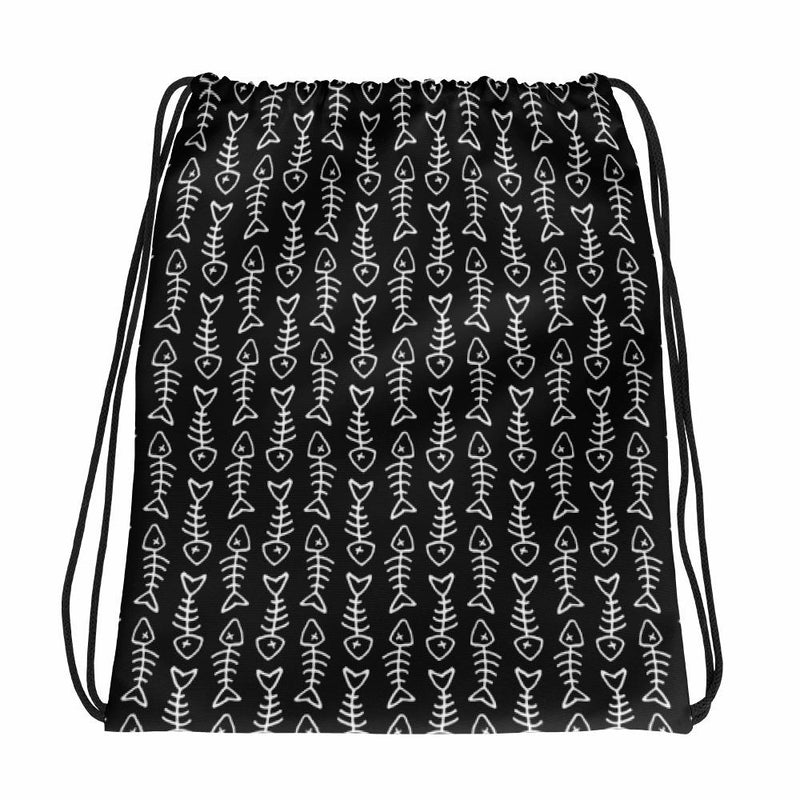 Evil Cat Fishbone Red Drawstring bag Black Cat in Back View