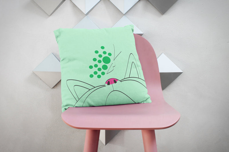Minimalist Cat Green Butterfly Square Pillow on Pink Chair