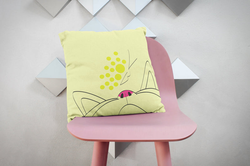 Minimalist Cat Lime Butterfly Square Pillow on Pink Chair