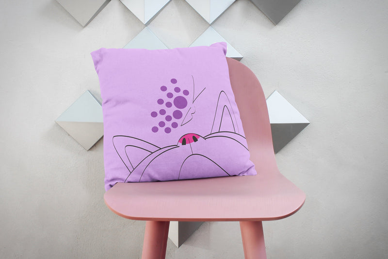 Minimalist Cat Violet Butterfly Square Pillow on Pink Chair