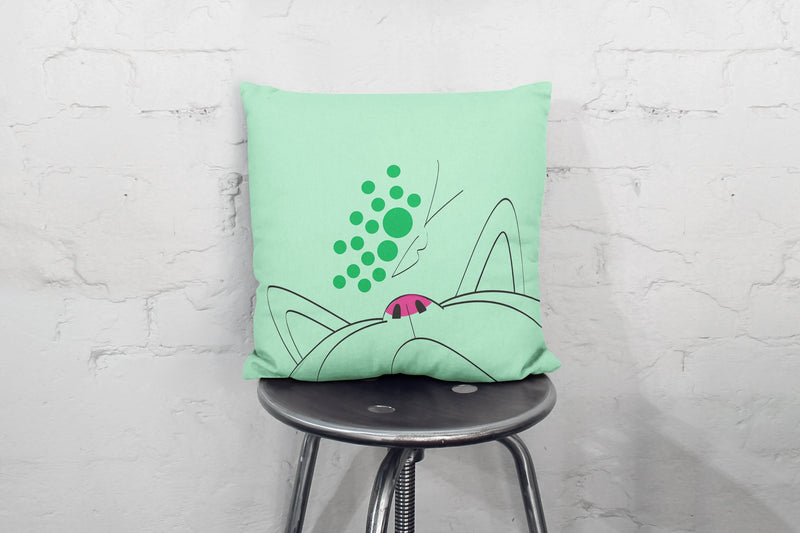 Minimalist Cat Green Butterfly Square Pillow on Black Chair