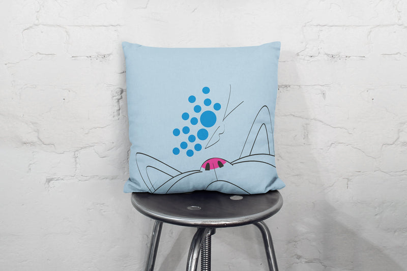 Minimalist Cat Blue Butterfly Square Pillow on Black Chair