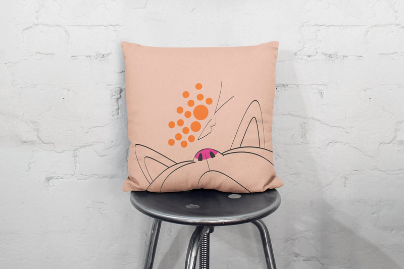 Minimalist Cat Orange Butterfly Square Pillow on Gray Chair