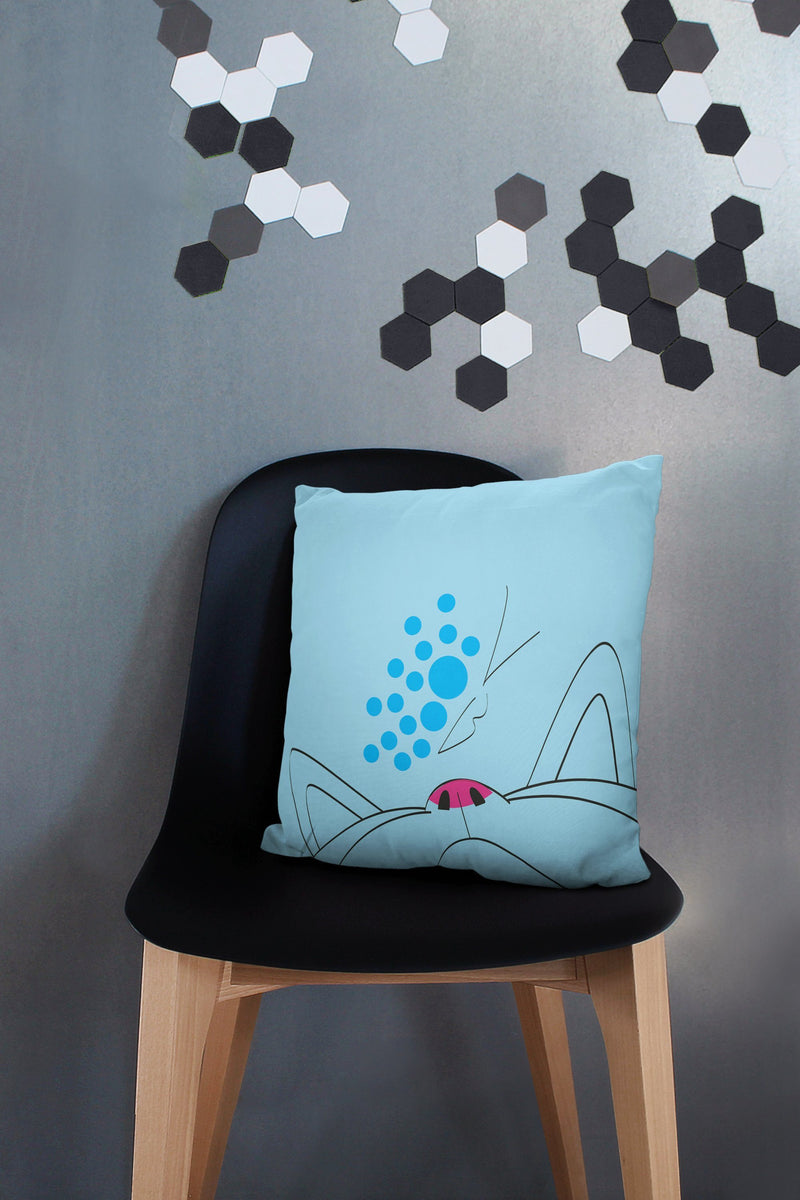 Minimalist Cat Light Blue Butterfly Square Pillow on Black Chair in Gray Background