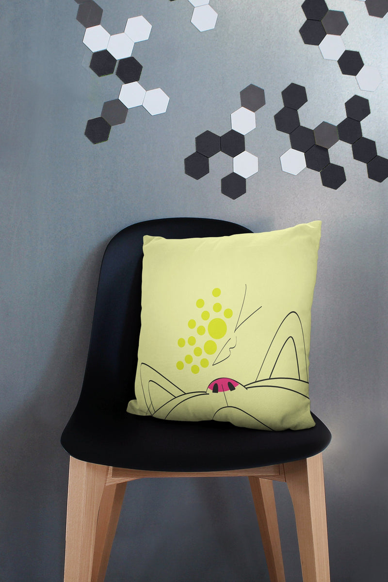 Minimalist Cat Lime Butterfly Square Pillow on Black Chair