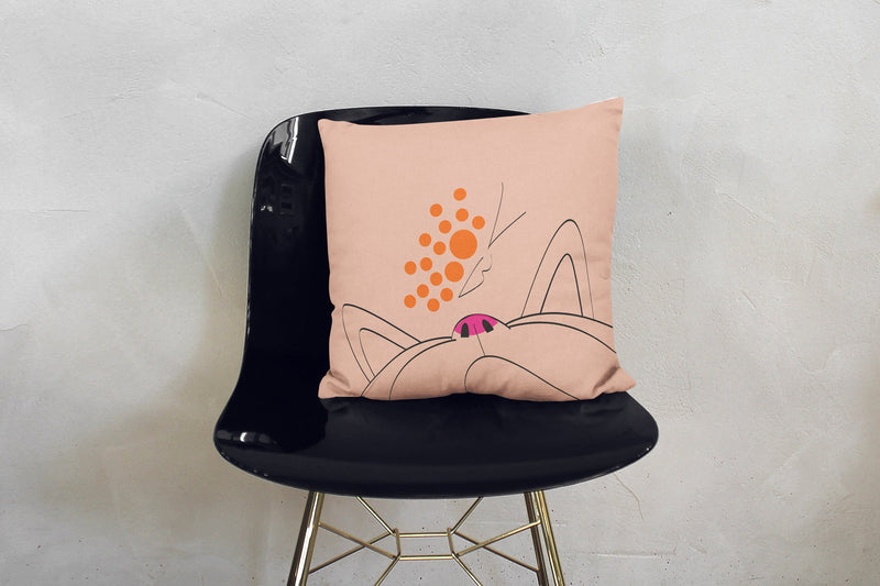 Minimalist Cat Orange Butterfly Square Pillow on Black Chair