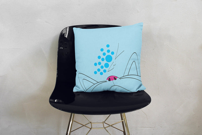 Minimalist Cat Light Blue Butterfly Square Pillow on Black Chair