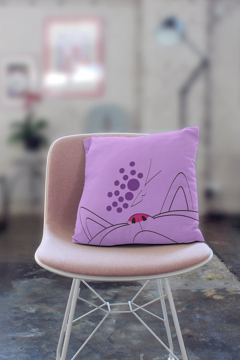 Minimalist Cat Violet Butterfly Square Pillow in Living Room