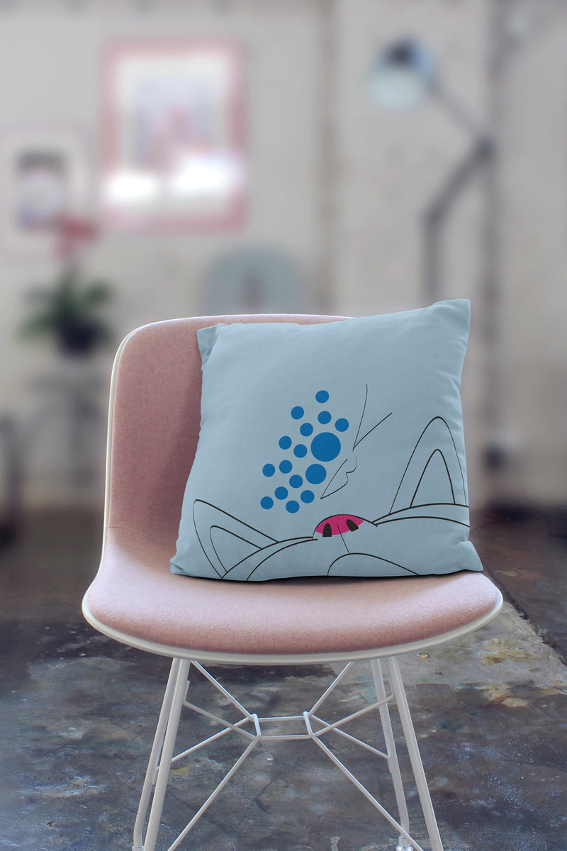 Minimalist Cat Blue Butterfly Square Pillow on Pink Chair