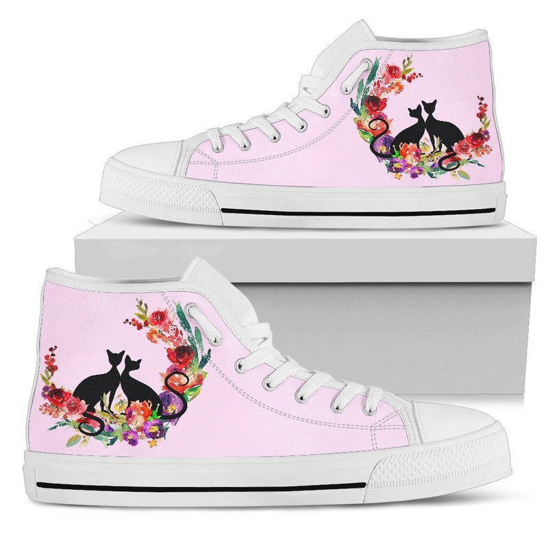 Floral Cat Powdery Pink Ladies High Top Sneakers in White Sole