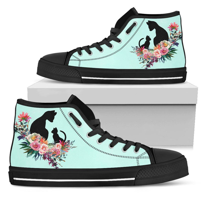 Floral Cat Pepperminty Ladies High Top Sneakers in Black Sole