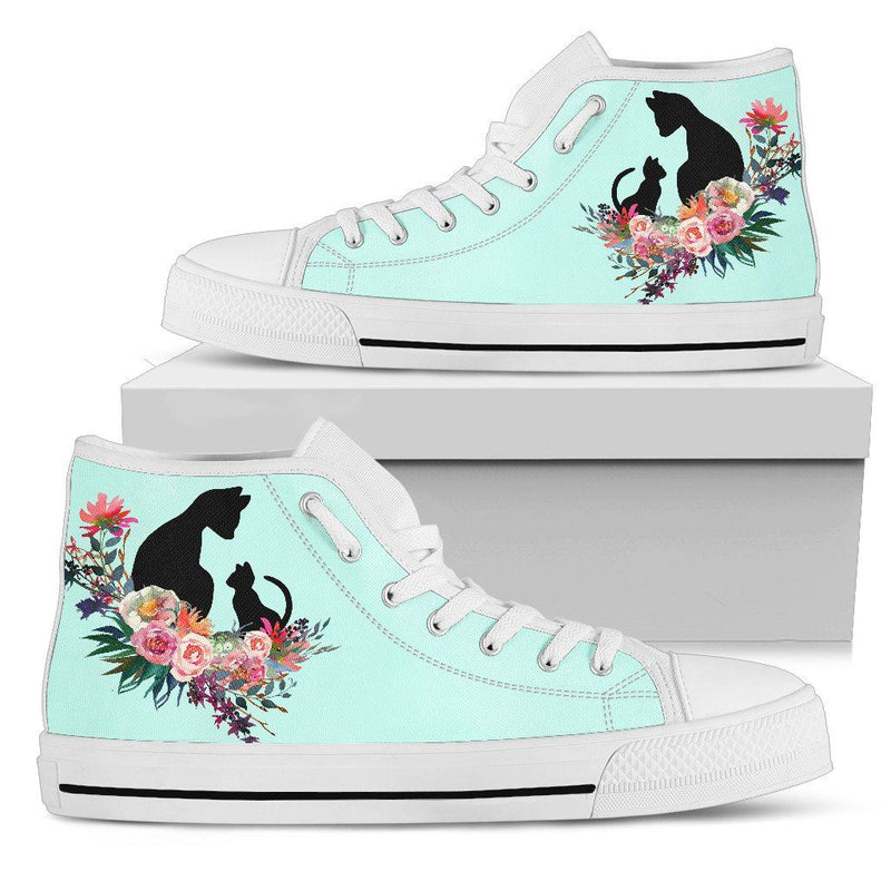 Floral Cat Pepperminty Ladies High Top Sneakers in White Sole