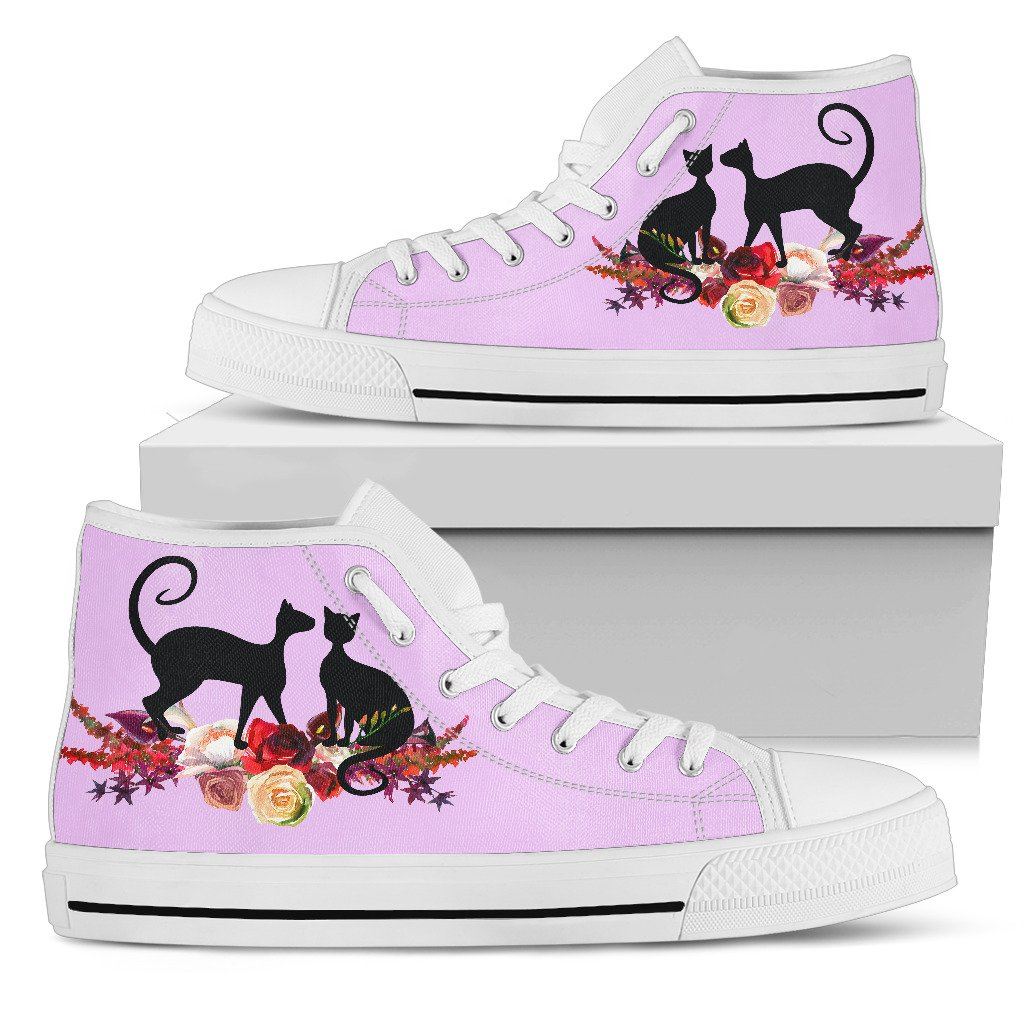Floral Cat Violety Ladies High Top Sneakers in White Sole