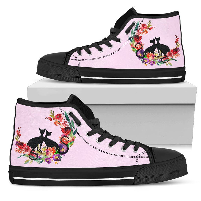 Floral Cat Powdery Pink Ladies High Top Sneakers in Black Sole