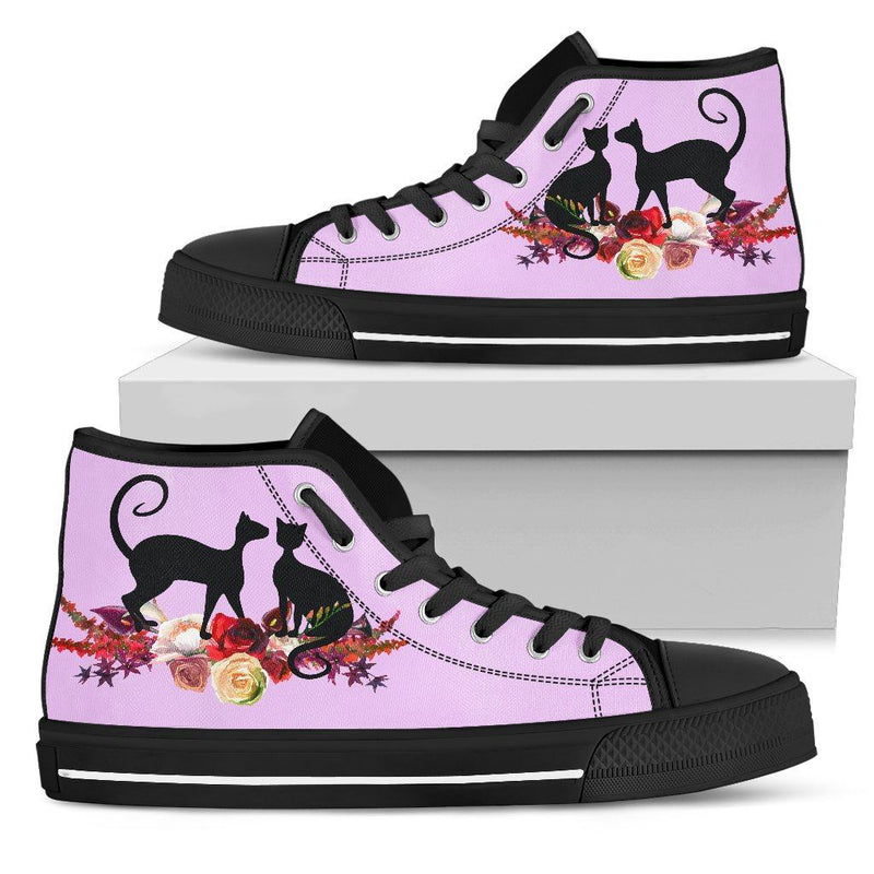 Floral Cat Violety Ladies High Top Sneakers in Black Sole