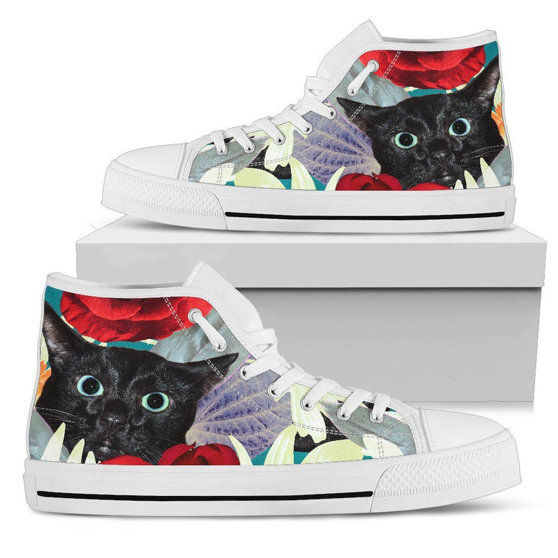 Floral Cat Black Ladies High Top Sneakers in White Sole