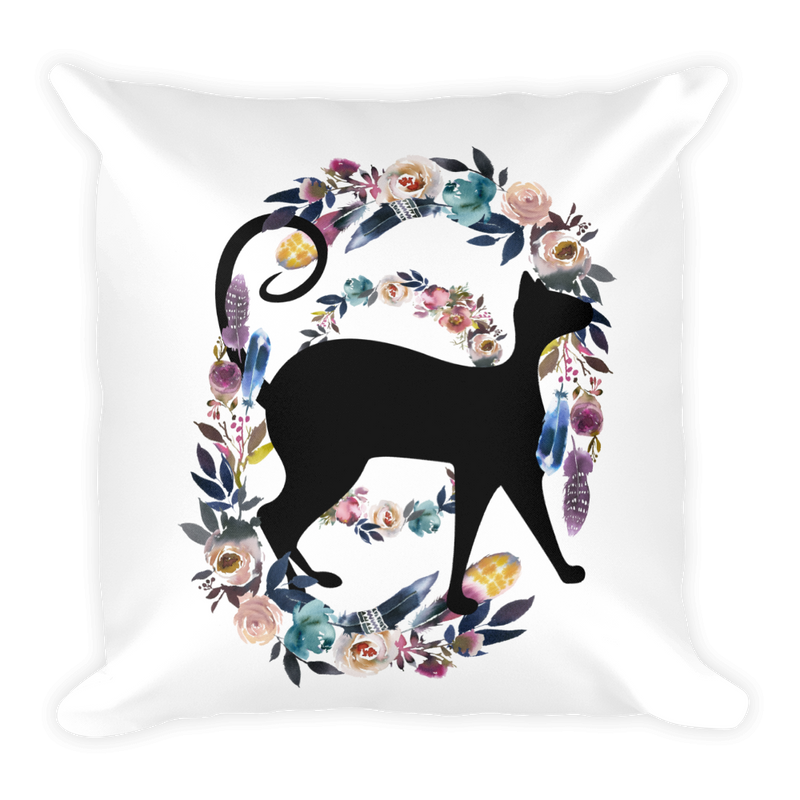 Floral Cat Gentlest Cat Square Pillow in Front View