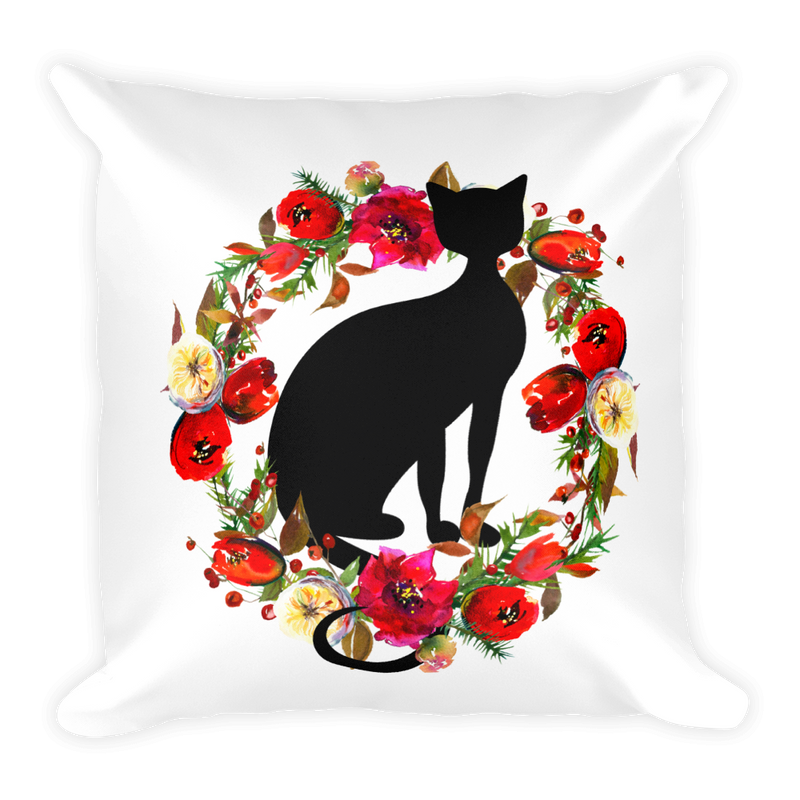 Floral Cat Awesome Cat Square Pillow in Front View