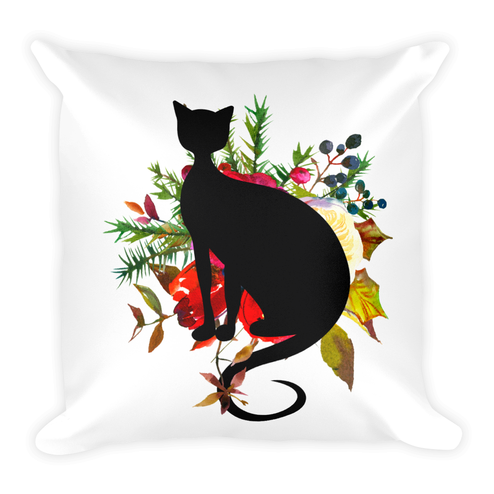 Floral Cat Funniest Cat Square Pillow in Front View