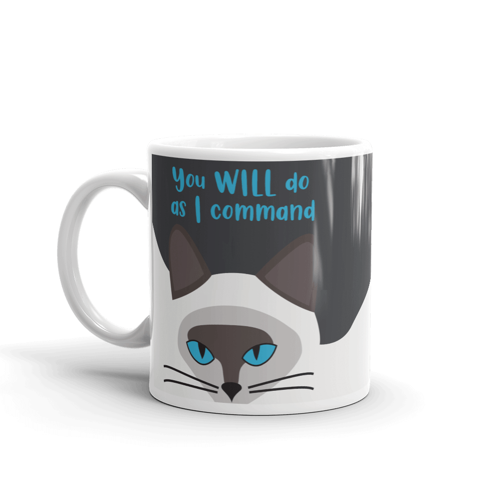 A glossy coffee mug featuring a hypnotic siamese cat 