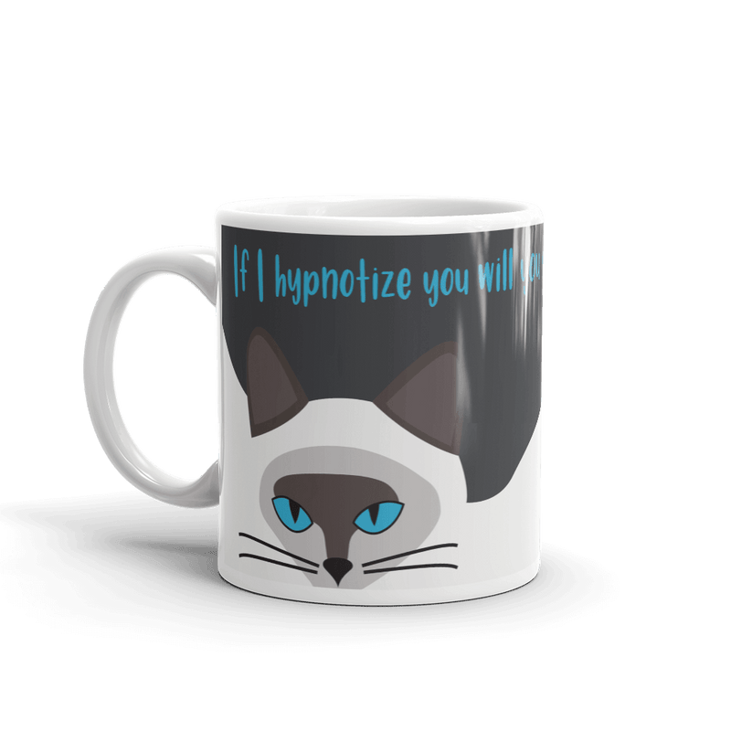 A glossy coffee mug featuring a hypnotic siamese cat 
