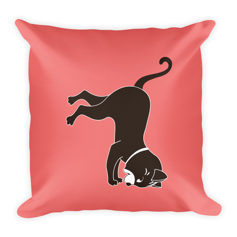 Yoga Cat Pawstand Square Pillow in Tomato Red