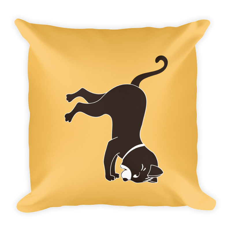 Yoga Cat Pawstand Square Pillow in Apricot Yellow