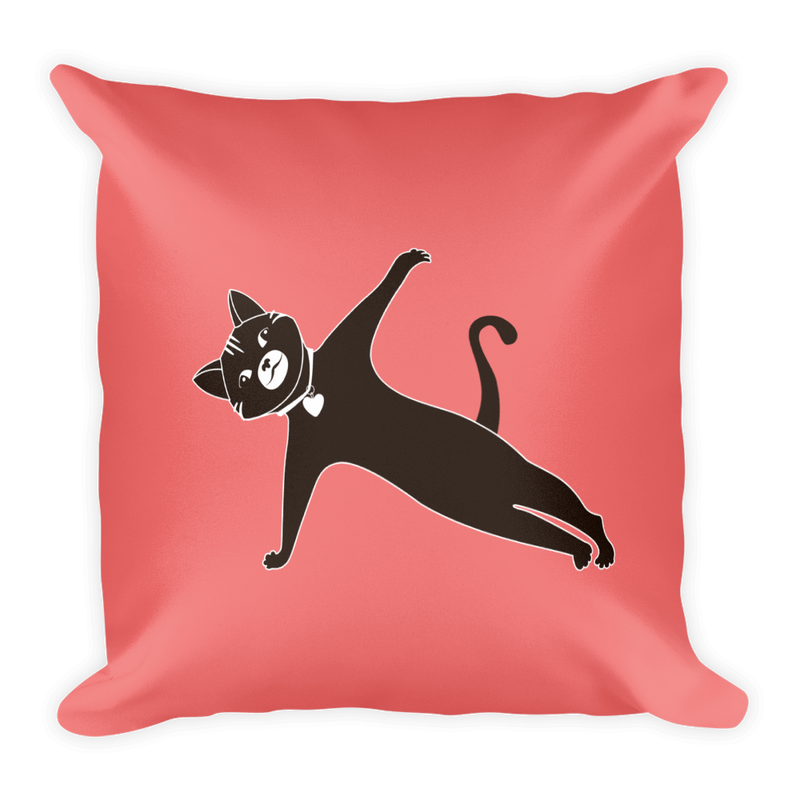 Yoga Cat Side Plank Square Pillow in Tomato Red