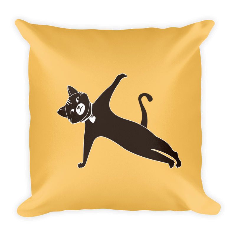 Yoga Cat Side Plank Square Pillow in Apricot Yellow