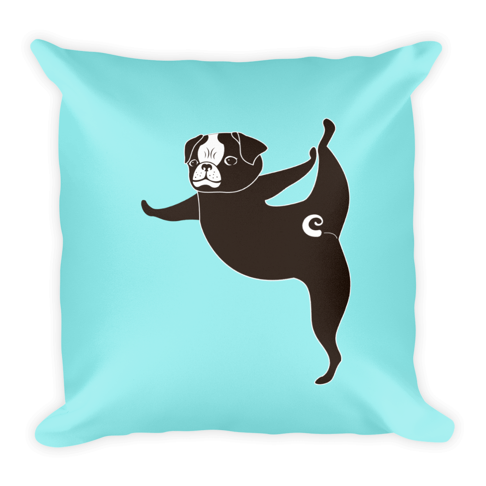 Yoga Pug Tippy Toes Square Pillow Teal