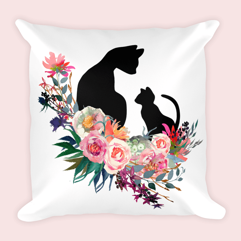 Floral Cat 'Family' Square Pillow