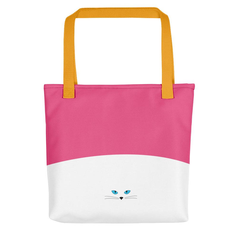Inscrutable Cat Juicy Fruity Pink Tote bag Back View in Yellow Handle