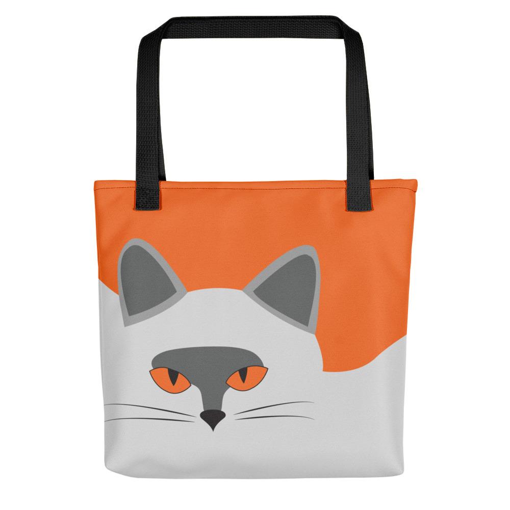 Inscrutable Cat Smoky Cat Orange Tote bag in Black Handle Front View