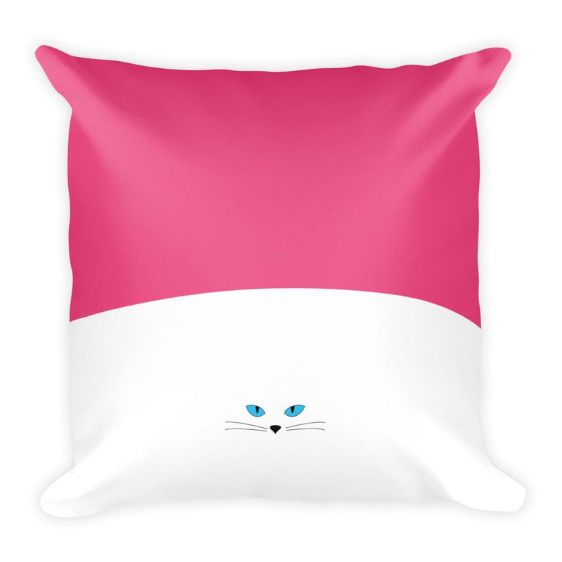 Inscrutable Cat White Cat Deep Pink Square Pillow in Back View