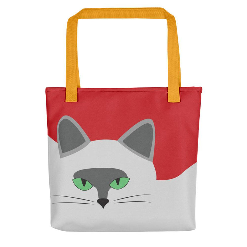 Inscrutable Cat Smoky Cat Red Tote bag in Yellow Handle Front View
