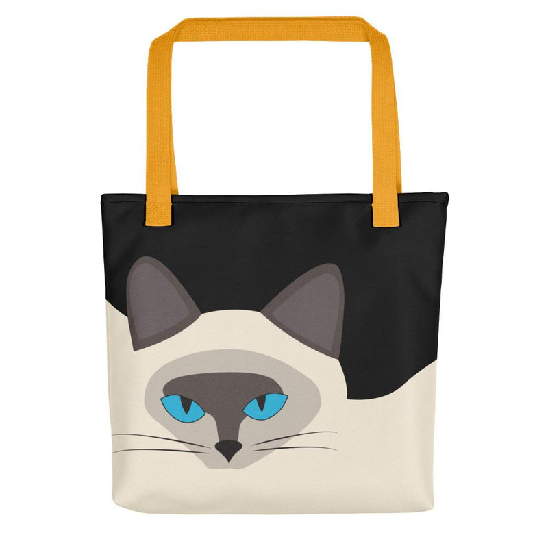 Inscrutable Cat Siamese Cat Black Tote bag in Yellow Handle Front