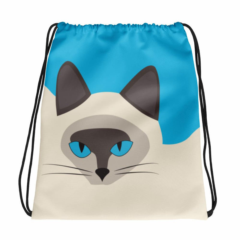 Inscrutable Cat Siamese Cat Blue Drawstring bag in Front View