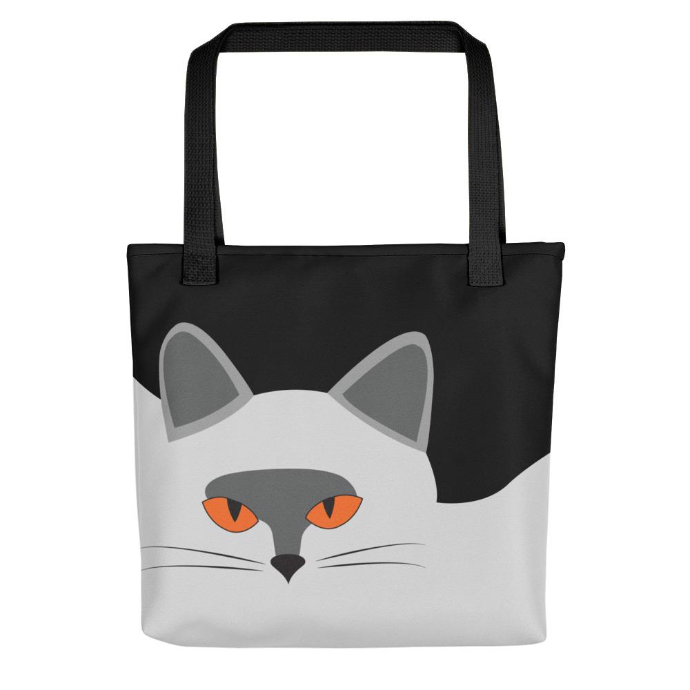 Inscrutable Cat Smoky Cat Black Tote bag in Black Handle Front View