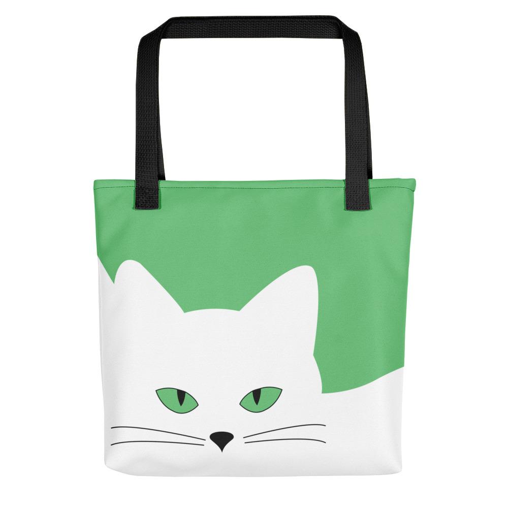 Inscrutable Cat Juicy Fruity Kiwi Tote bag Front View in Black Handle