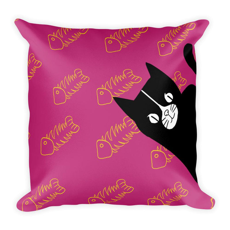 Evil Cat Fishbone Yellow Square Pillow in Burgundy Background
