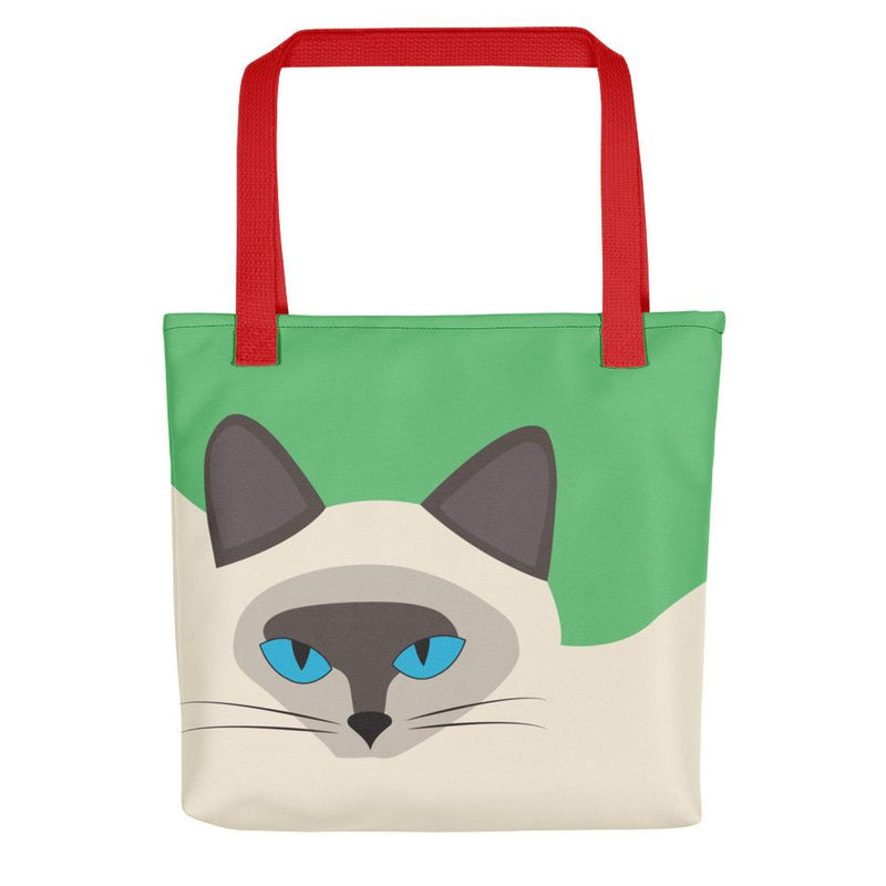 Inscrutable Cat 'Siamese Cat Green' Tote bag in Red Handle Front