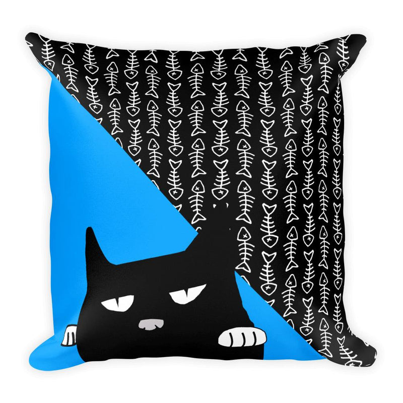 Evil Cat Fishbone Blue Square Pillow in Front View Pattern