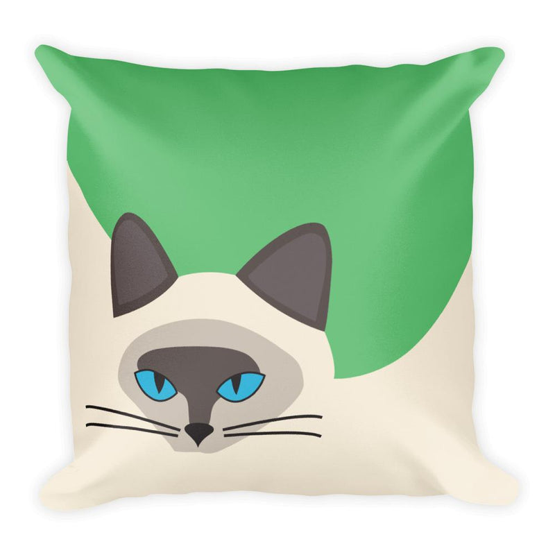 Inscrutable Cat Siamese Cat Green Square Pillow in Front View