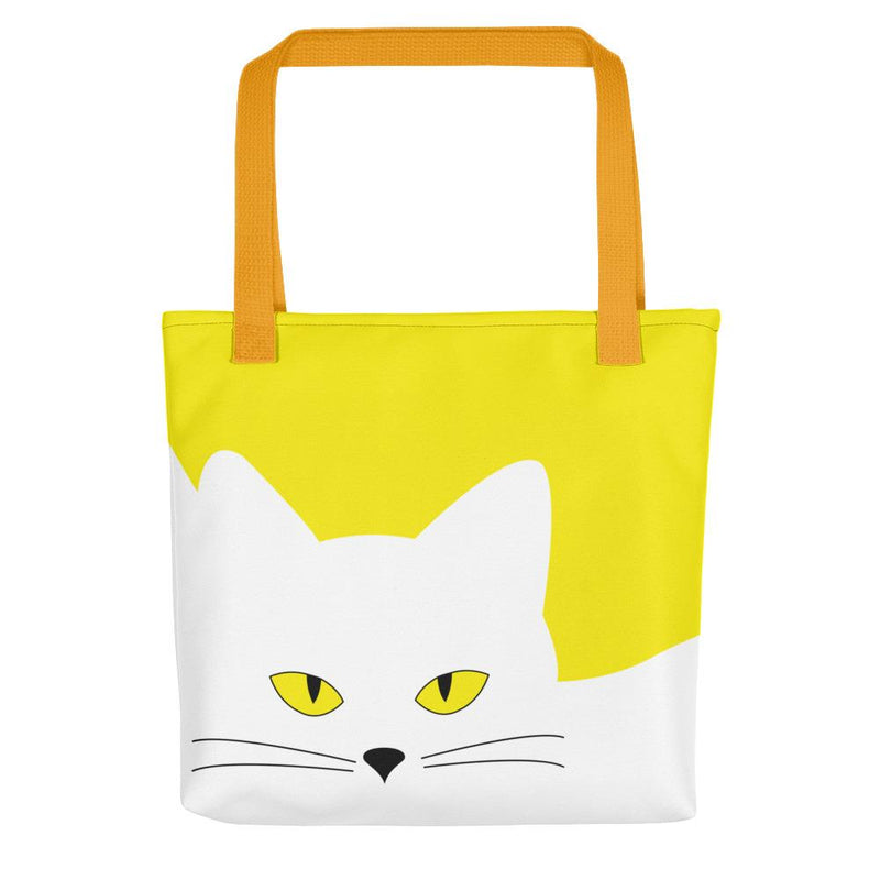 Inscrutable Cat Juicy Fruity Banana Tote bag Front View in Yellow Handle