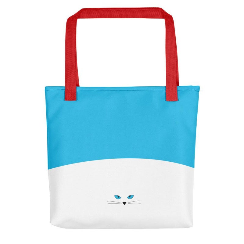 Inscrutable Cat Juicy Fruity Blue Tote bag Back View in Yellow Handle